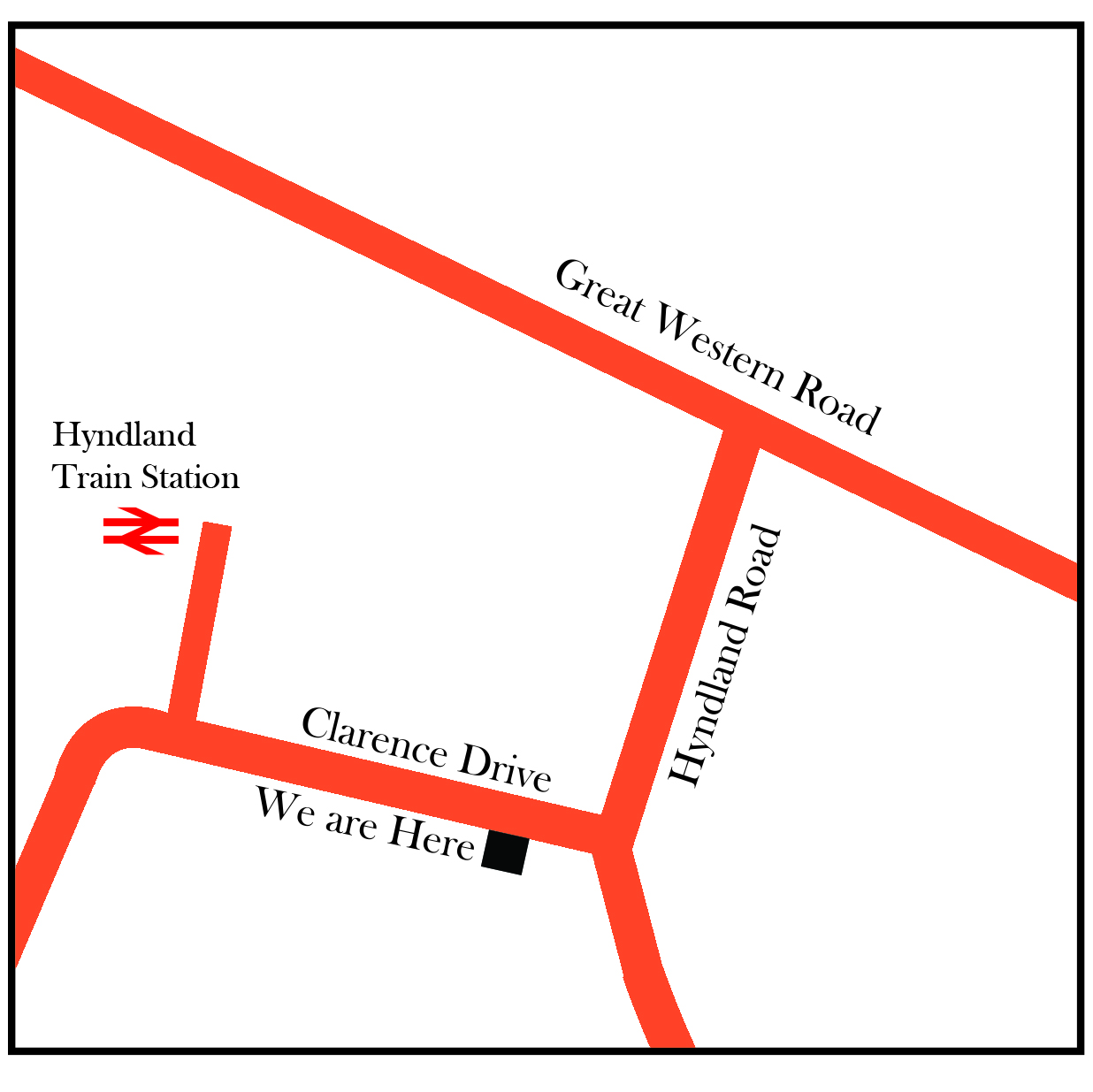 Graphical map showing the location of The Good Spirits Co. Hyndland shop at 21 Clarence Drive in Glasgow, UK