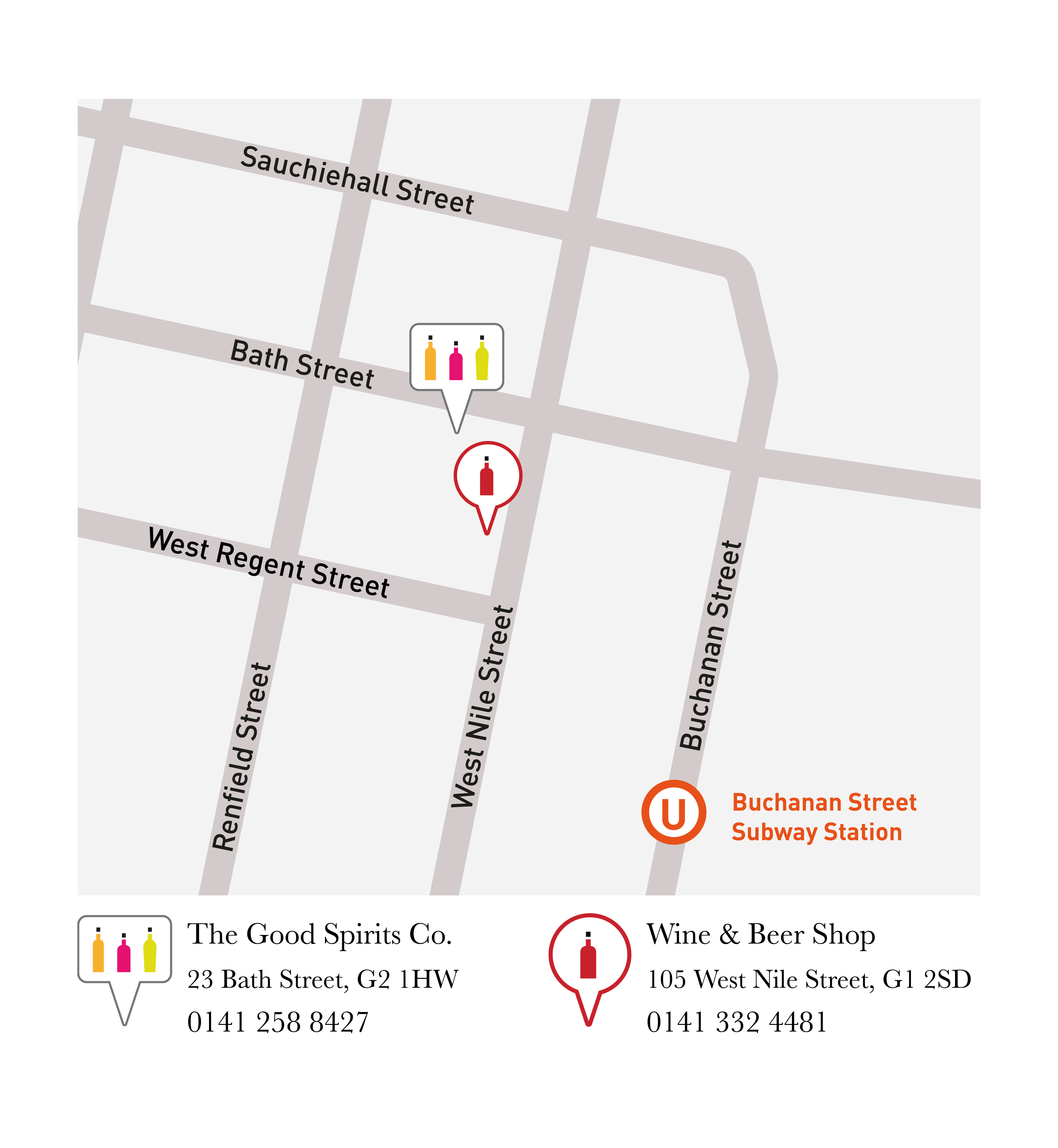 Graphical map showing the location of The Good Spirits Co. shop at 23 Bath Street and The Good Spirits Co. Wine & Beer shop at 105 West Nile Street in Glasgow, UK